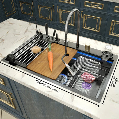 Stainless Steel Kitchen Sink Waterfall Outlet Faucet Multifunctional Large Single Slot Convenient Dishwashing and Vegetable Sink