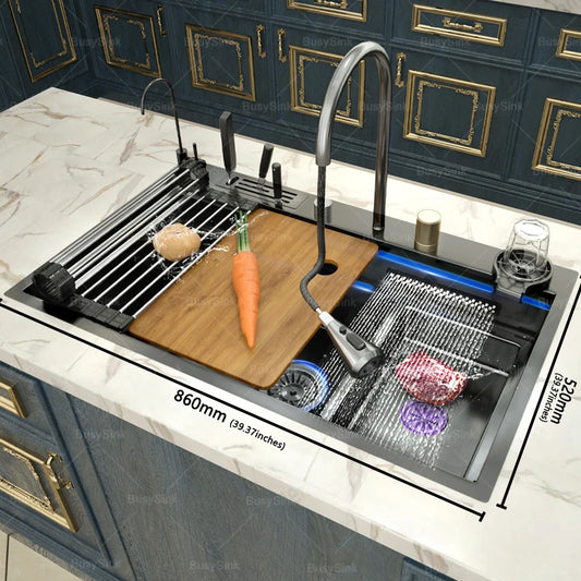 Stainless Steel Kitchen Sink Waterfall Outlet Faucet Multifunctional Large Single Slot Convenient Dishwashing and Vegetable Sink