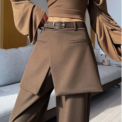 Design Style Fake Two-piece Curtain Suit Pants Women Fall High Waisted Wide Leg Trouser Office Ladies High Quality Straight Pant.