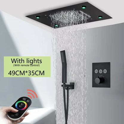 Brushed Ceiling Shower Head with LED Lights 36*50cm Large Rainfall Faucet Bathroom Tap Stainless Steel Smart Square Sprayer
