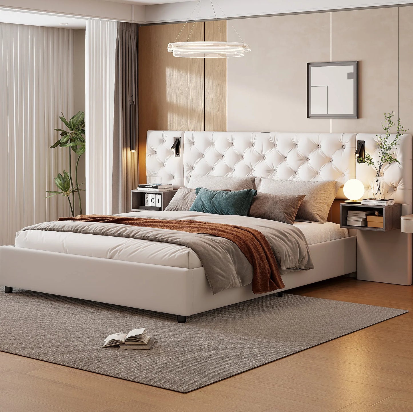 Rosahqnda Polsterbett, Doppelbett, 140/160 x 200 cm, mit 2 Nachttischen, mit LED und USB, hydraulisches Stauraumbett, Samtbeige