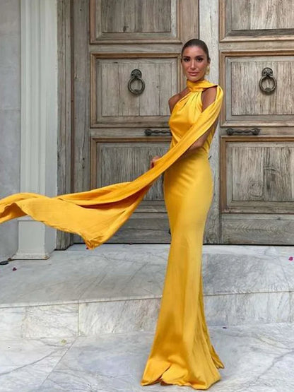 Band hängenden Hals lange Kleider schräg Schulter schnüren rücken frei seidig Satin Temperament Slim Fit Neck holder Frau Fischschwanz Kleid