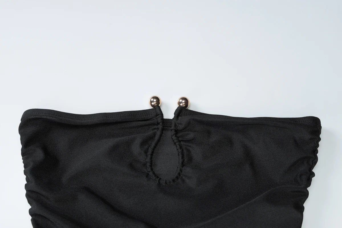 Dulzura ärmelloses, trägerloses, plissiertes Maxikleid mit Knopf, sexy, elegantes langes Kleid für Damen, Party, Club, Büro, Frühling und Sommer.