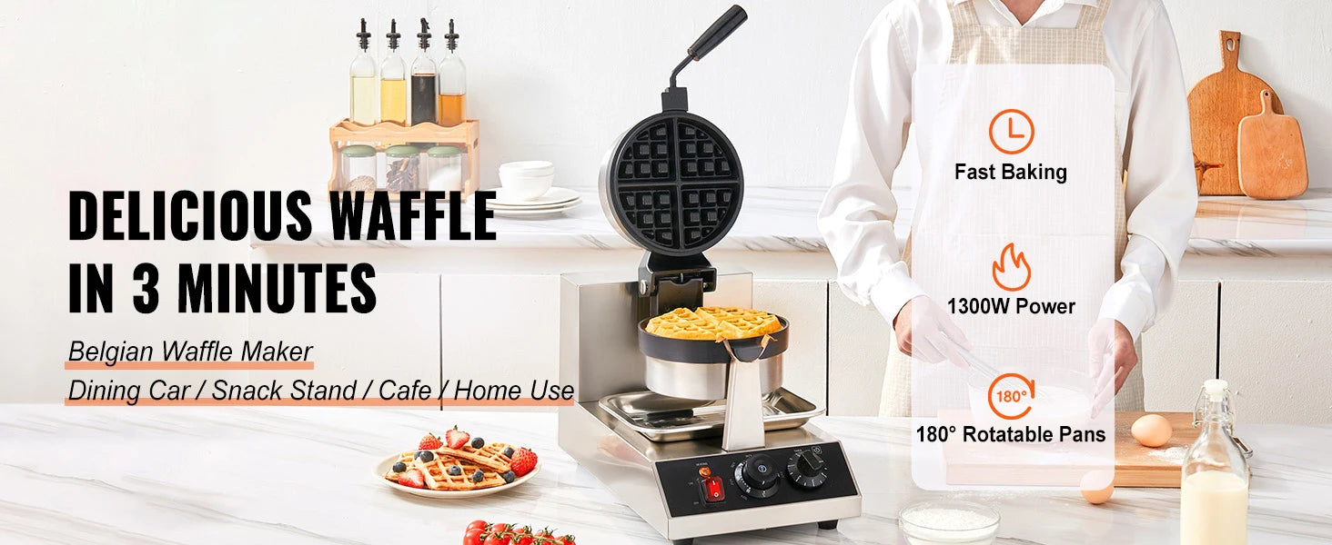 SucceBuy Electric Waffle Maker Stainless Steel Round Waffle Iron Non-Stick Waffle Baker Machine Teflon-Coated Baking Pans.