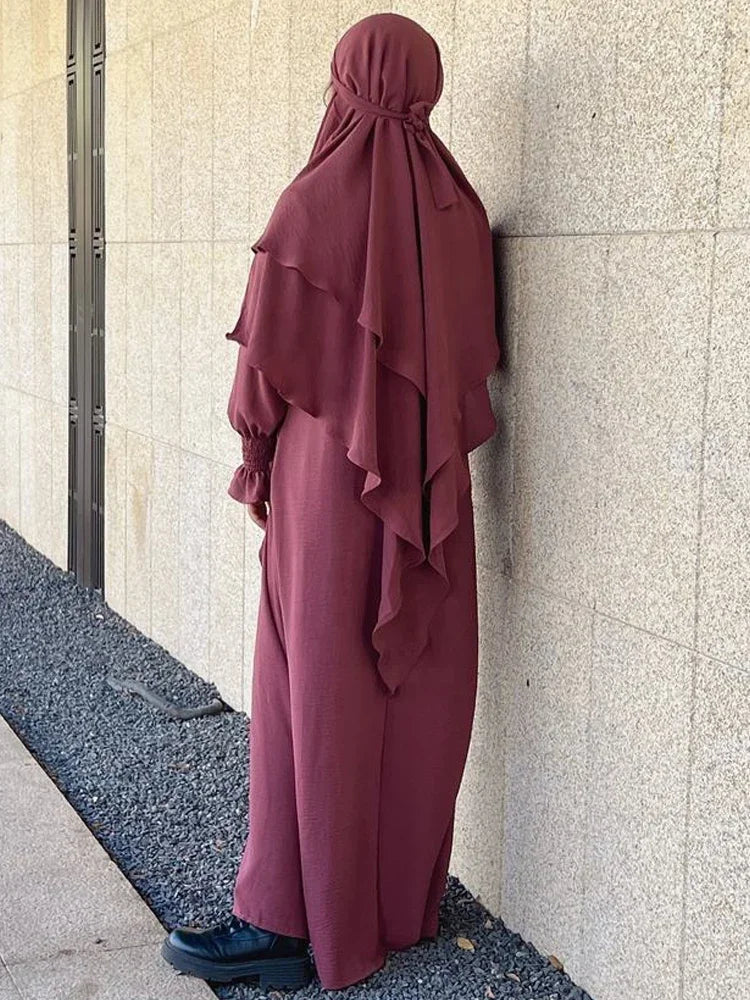 Jilbab Prayer Clothes Women Ramadan Islamic Jilbeb 2 Piece Set Dubai Turkish Modest Outfit Layered Khimar Scarf Hijab+Long Dress.