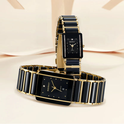 BERNY Ceramics Quartz Women Watch Fashion Rectangle Men/Women Wristwatch Bracelet Luxury Diamon Gold Couple Watches Gift Watches.