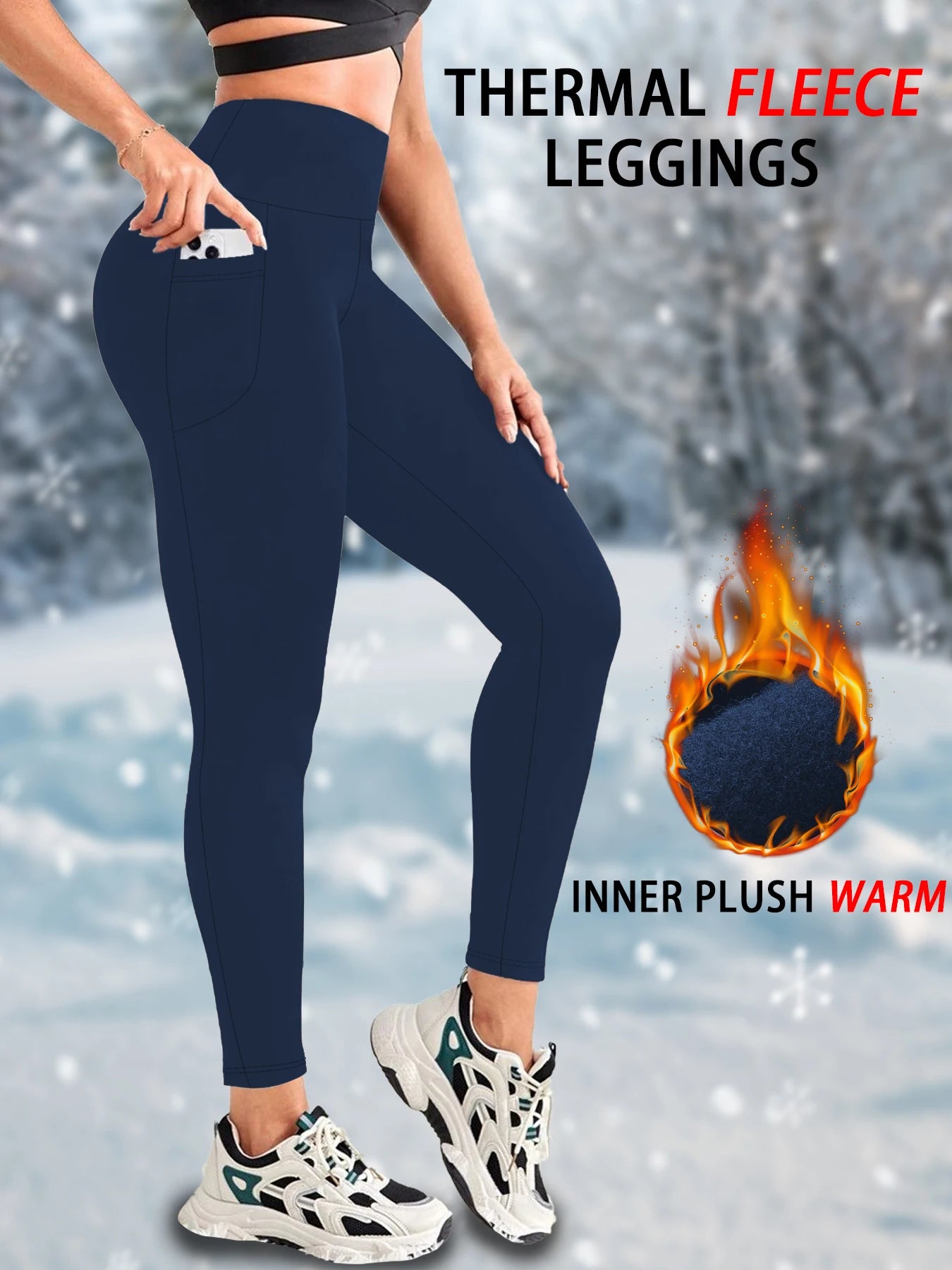 Womens Thermal Fleece Lined High Waisted with pockets Leggings, Workout Winter Warm Thick Tights Soft Yoga Running Pants.