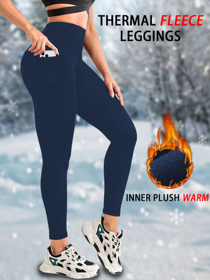 Womens Thermal Fleece Lined High Waisted with pockets Leggings, Workout Winter Warm Thick Tights Soft Yoga Running Pants.
