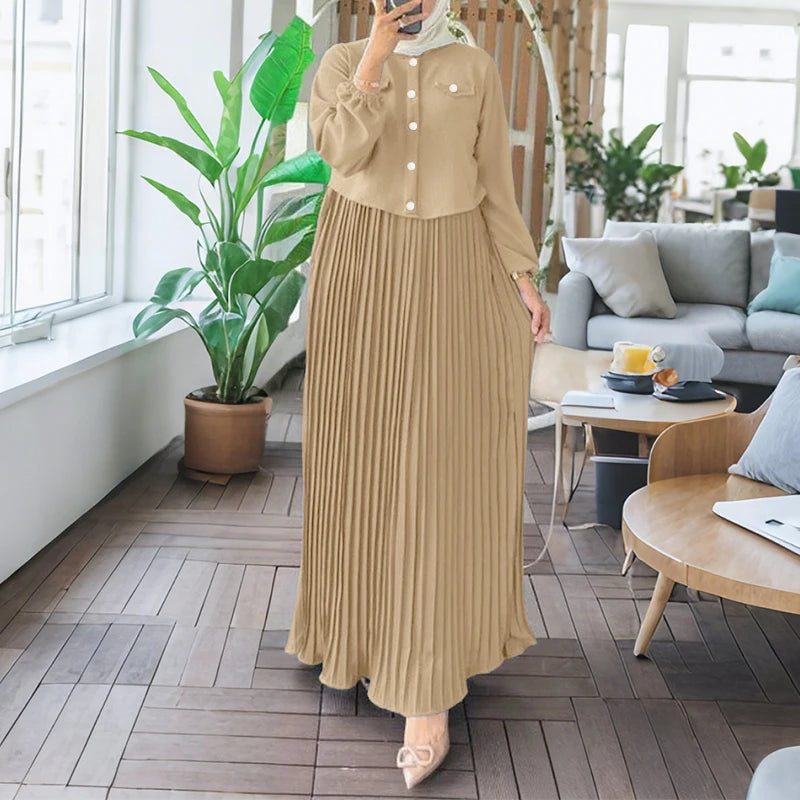 2025 ZANZEA Autumn Maxi Long Dress Women Elegant Long Sleeve Solid Pleated Sundress Patchwork Dresses Muslim Abaya Robe Femme.