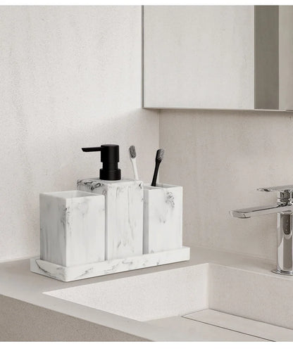Bathroom Accessories Complete Marble Pattern Lotion Soap Dispenser,Toothbrush Holder,Tumbler,Tray Resin material Black white.