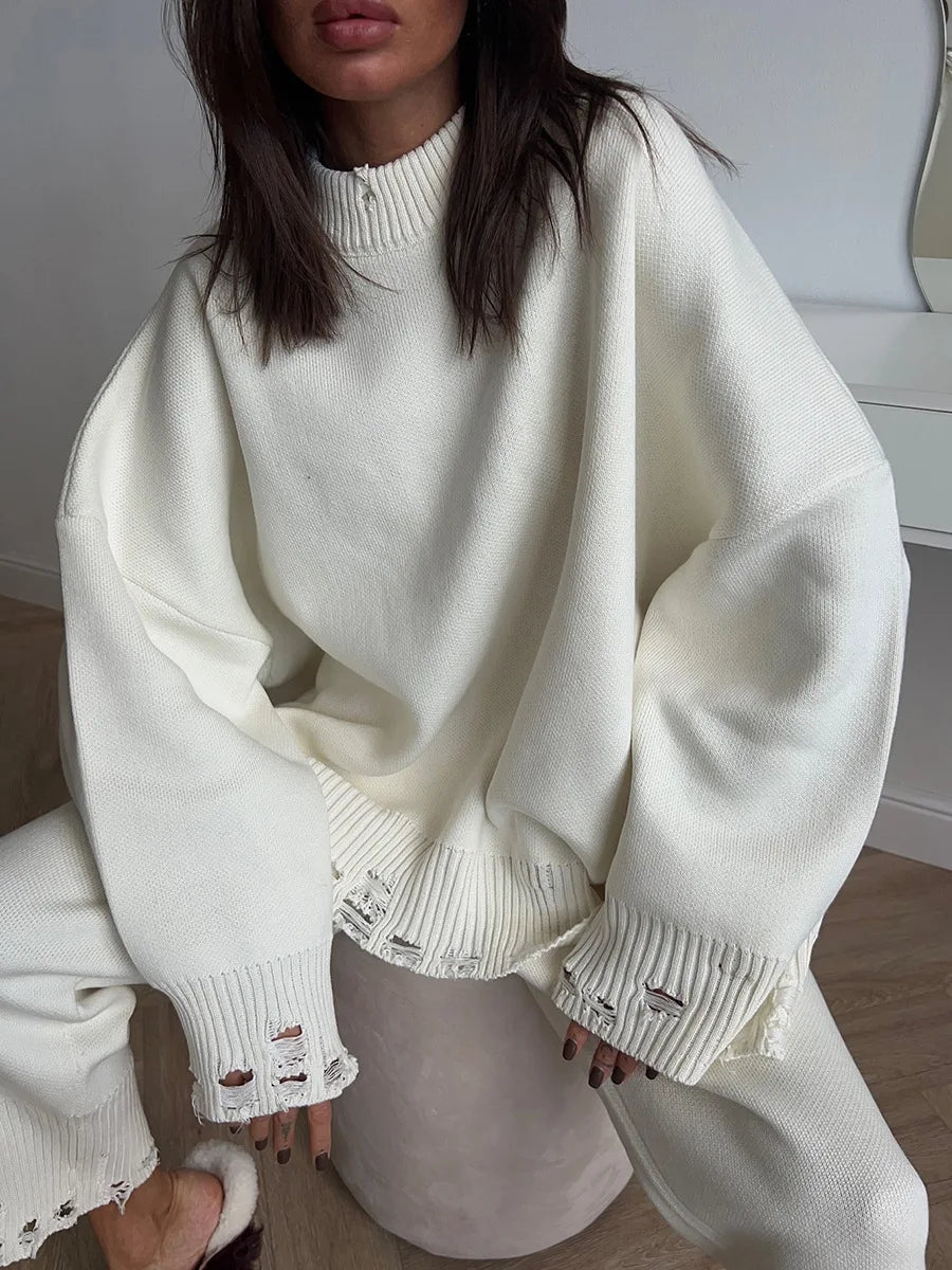 Bornladies Autumn Winter Women's New Turtleneck Knit Sweater Skinny Knit Pants Set Soft Oversized Ripped Hem Fashion Pullover.
