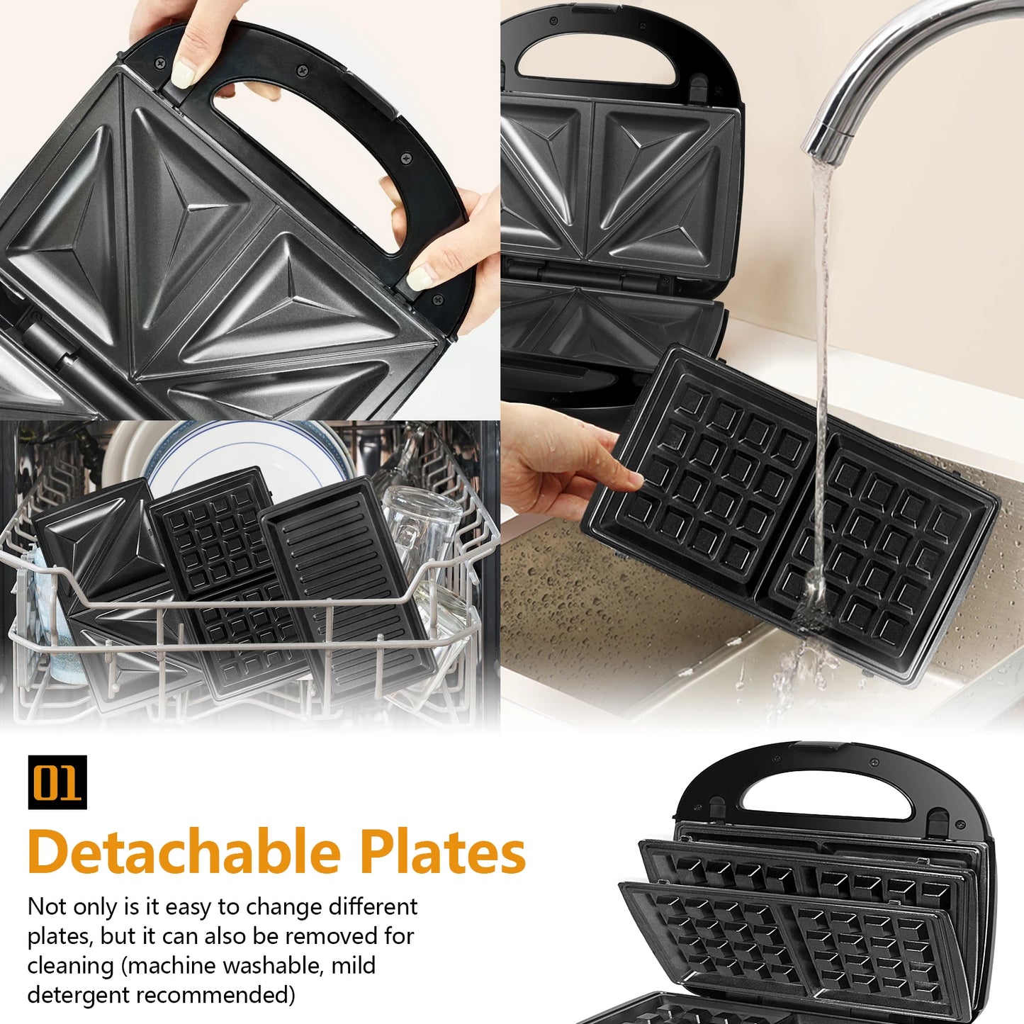Multifunction 3-in-1, sandwich maker, waffle iron, contact grill dishwashers suitable & non-stick plates.