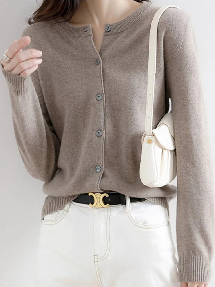 Women Knitted Cardigans Autumn Winter 2025 Round Neck Casual Long Sleeve Tops Solid Basic Soft Sweaters Female.