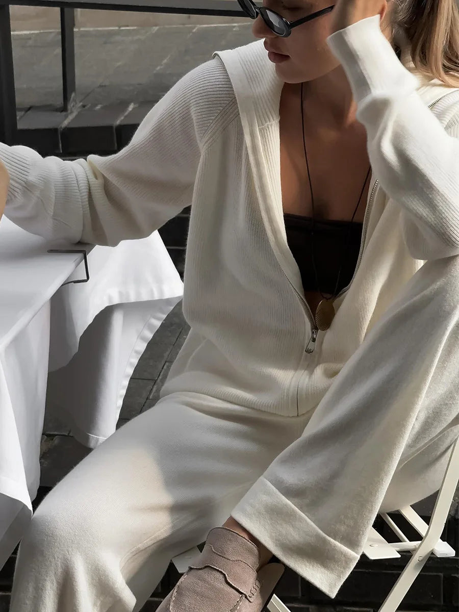 Tornova Zipper Strickjacke Pullover Anzug Weibliche Gestrickte Langarm Casual Mantel Breitbeinig Hosen Pullover frauen Zwei Stück Set