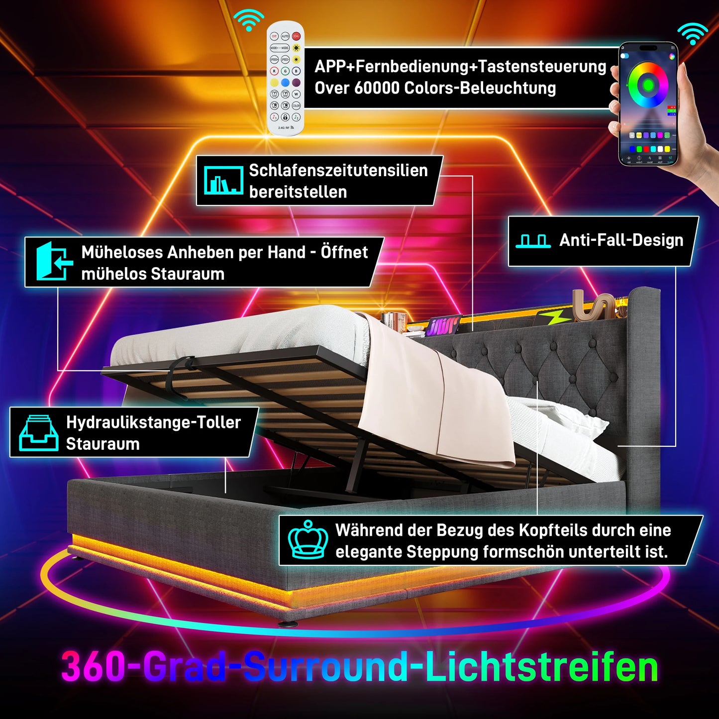KOMHTOM Hydraulisches Lagerbett, Leinen, 360-Surround-LED-Funktion, mit USB Typ-C Ladefunktion, ohne Matratze