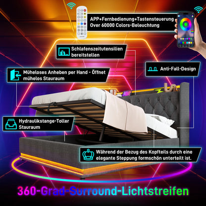 KOMHTOM Hydraulisches Lagerbett, Leinen, 360-Surround-LED-Funktion, mit USB Typ-C Ladefunktion, ohne Matratze
