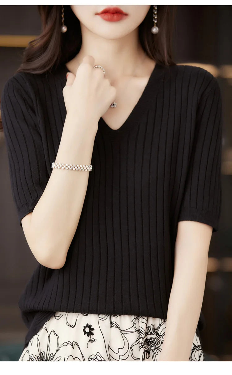 Frauen Pullover Frühling Sommer Kurzarm V-ausschnitt Strick Hemd Casual Koreanische Pullover Streifen Bodenbildung Shirt Slim Fit Jumper