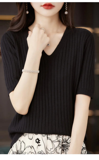 Frauen Pullover Frühling Sommer Kurzarm V-ausschnitt Strick Hemd Casual Koreanische Pullover Streifen Bodenbildung Shirt Slim Fit Jumper