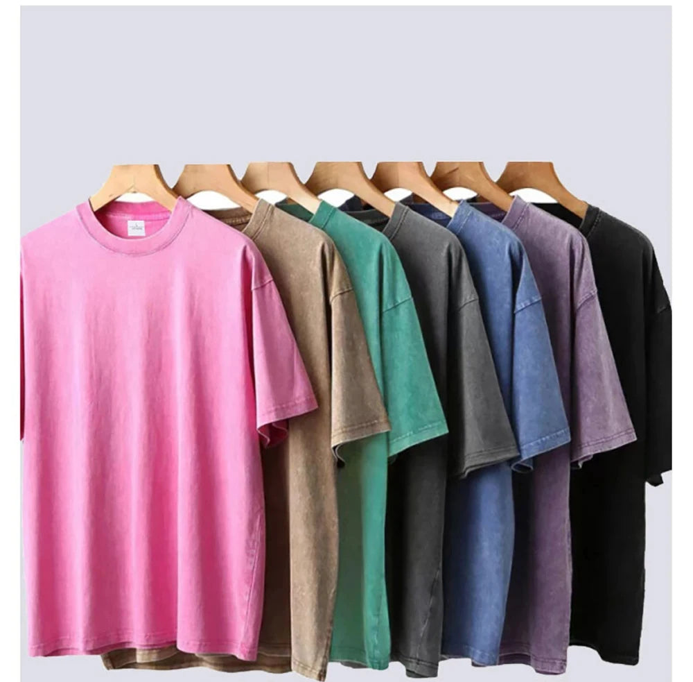 American Style Retro Heavyweight Solid Color Short Sleeved T-shirt Men Women Summer Street Trendy Washed Old Oversized Clothes.