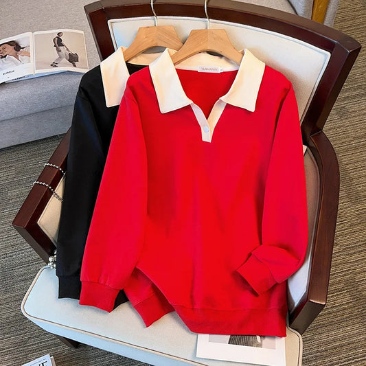 170kg plus size Damen büste Herbst lose Revers Langarm Sweatshirt schwarz rot 6xl 7xl 8xl 9xl 10xl 11xl