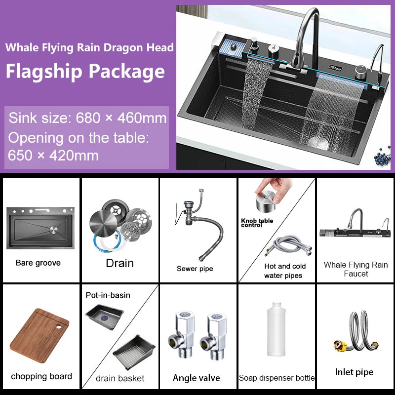 Goldenes Wasserfall-Küchenspüle, Edelstahlspüle, geprägte Digitalanzeige, Einzelschlitz-Waschbecken für die Wohnung, goldenes Waschbecken