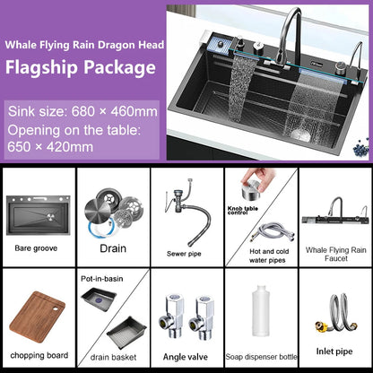 Goldenes Wasserfall-Küchenspüle, Edelstahlspüle, geprägte Digitalanzeige, Einzelschlitz-Waschbecken für die Wohnung, goldenes Waschbecken