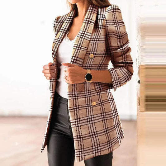 Frauen Herbst Blazer Revers Strickjacke Lange Ärmeln Doppel-breasted Slim Fit Warm Lässige Dick Plaid Print Lady Mantel für arbeit Jacke
