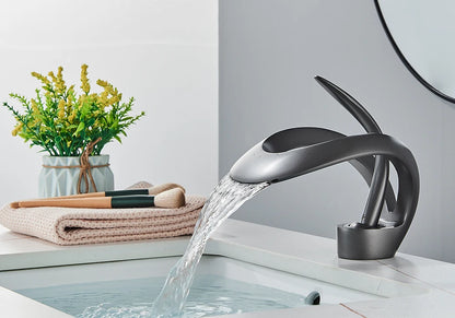 Rozin Luxury Black Basin Faucet Grey Bathroom Waterfall Mixer Tap Brass Deck Mount Modern Style Hot Cold Water Sink Mixer Crane