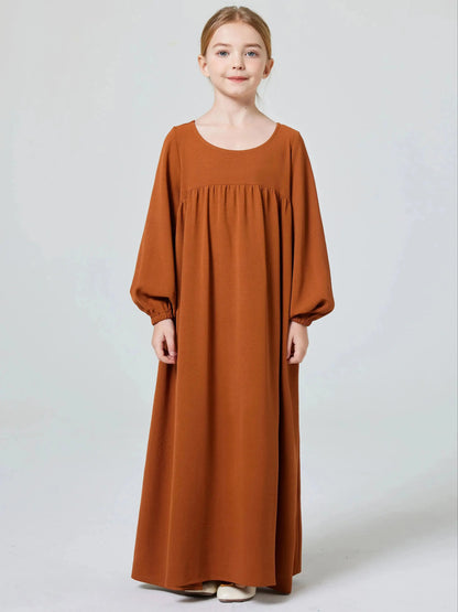 Kids Abaya Ramadan Muslim Dubai Elegant Girl's Solid Crew Neck Long Sleeve Kaftan Kebaya Dress For Party Pray Gift.
