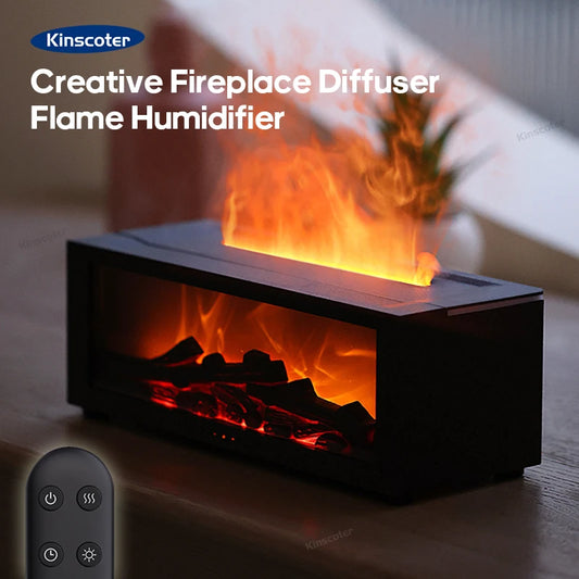 Colorful Flame Fireplace Aroma Diffuser 150ml Waterless Auto-Off Air Humidifier with Timer Remote Control for Home Bedroom Gift.