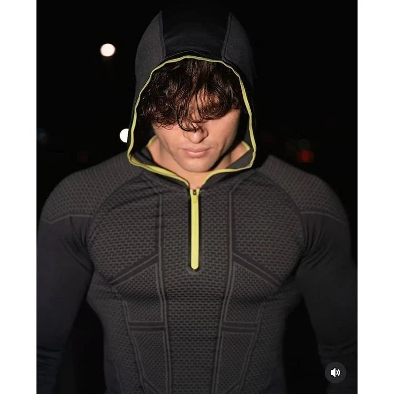 Men's Quick Dry Breathable Slim Fit Elastic Hooded Zipper Long Sleeve Fitness T-Shirt for Gym Sports Casual.
