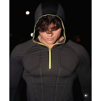 Men's Quick Dry Breathable Slim Fit Elastic Hooded Zipper Long Sleeve Fitness T-Shirt for Gym Sports Casual.