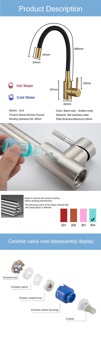 ULA Gold Kitchen Faucet Stainless Steel Flexible Spout Kitchen Sink Faucet Hot Cold Water Sink Mixer Tap 360 Degree Rotate Crane