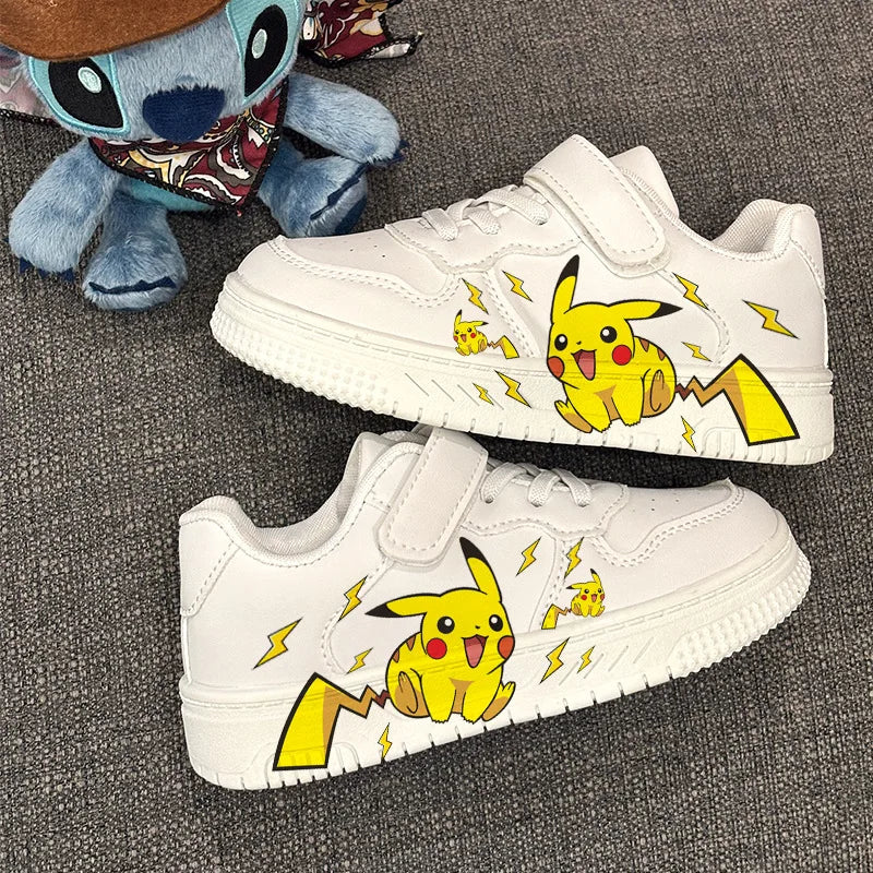2025 Pikachu Cartoon Cute Unisex White Sneakers Spray Paint Kids Casual Shoes Cross Border Hot Sale.