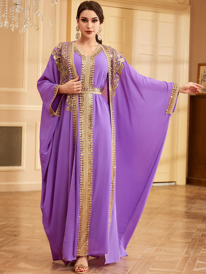 Ramadan Sequins Dubai Abayas Arab Tunics Batwing Sleeve Dresses For Women Gala Two pieces Moroccan Elegant Kebaya