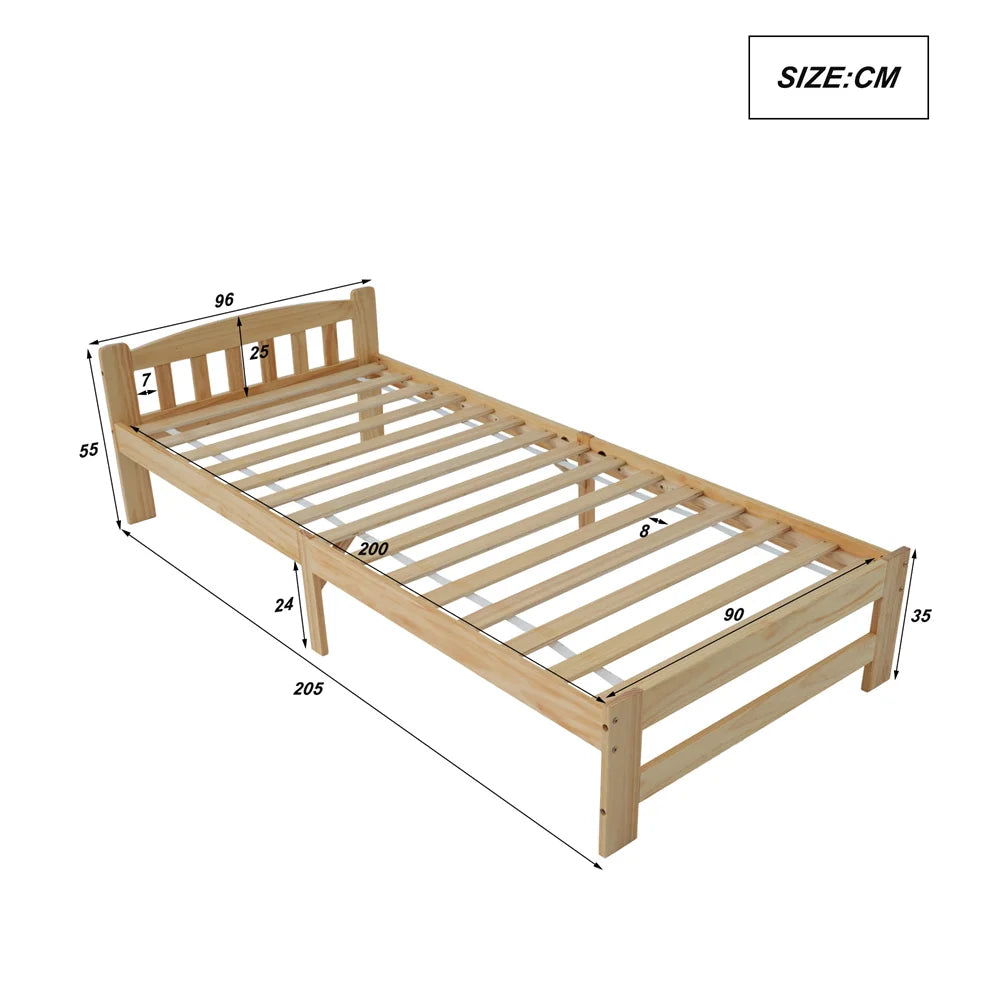 Solide Massivholzbett Futonbett 90x200cm, Einzelbett mit Kopfteil und Lattenroste,Jugendbett,Erwachsenenbett,Natur,ohne Matratze