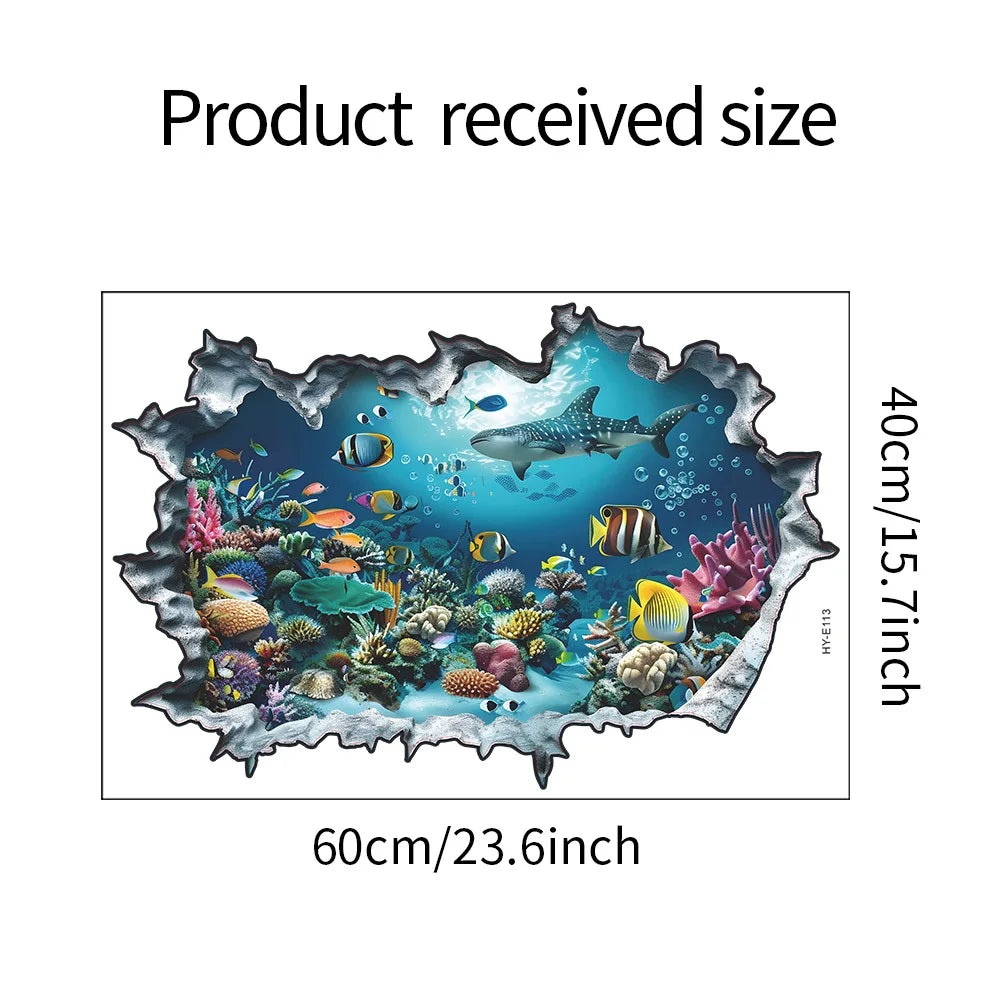 Sea View Mural Seabed Fish Shark 3D PVC Broken Wall Art Stickers Home Decoration for Room Ceiling Poster Floor Wallpaper.