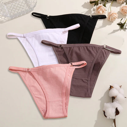 FINETOO 4Pcs Women's Cotton Panties Sexy Metal Ring Waist Underwear Solid Breathable Panties Ladies Soft Briefs Comfort Lingerie.