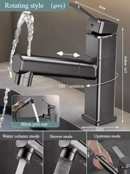Pull Out Bathroom Faucet Hot and Cold Water Mixer Basin Sink Three Mode Water Outlet Faucet Washbasin Tap