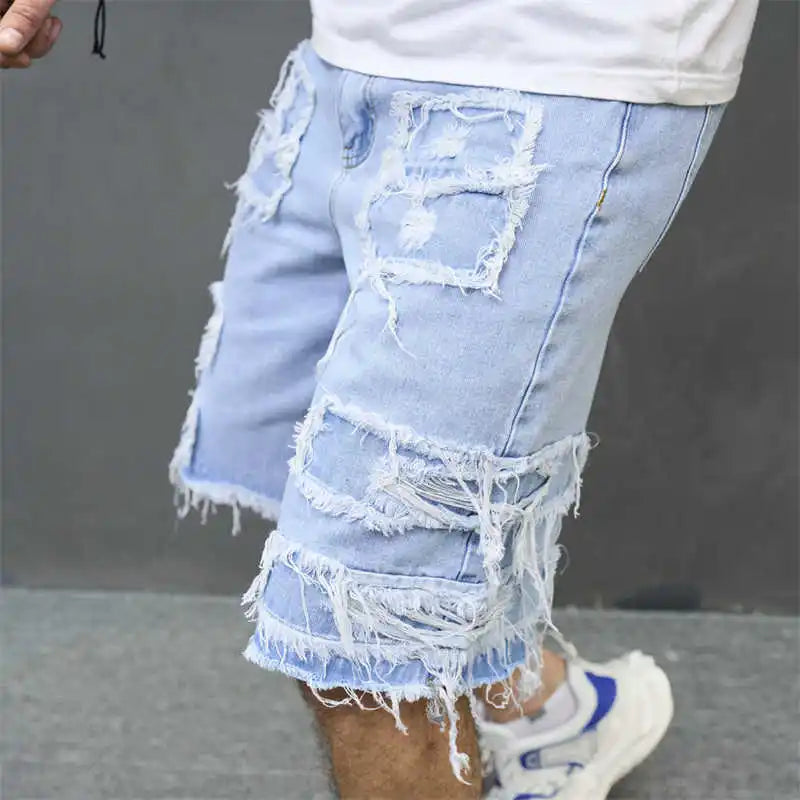 Denim Hole Knee Length Men Washed Jean Mid Waist Spliced Ripped Pockets Loose Fit Distressed Straight Pants 2024 Casual.