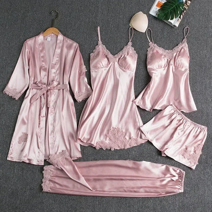 5-teiliges Set Damen-Nachtwäsche, sexy Seiden-Nachthemd, Spitzen-Satin-Nachthemd, Weste mit V-Ausschnitt, atmungsaktiv, bequemes Damen-Nachthemd.