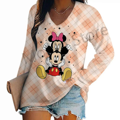 Women's Long Sleeve T-shirts Kawaii V-Neck S-3XL Mickey Lovely Disney High Quality 3D Print New Youthful Woman Clothes Minnie.