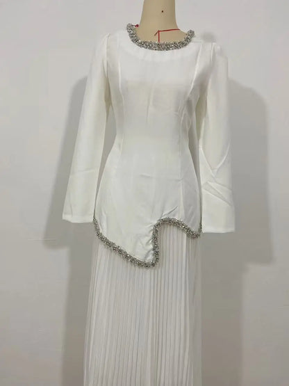 Eid Women Dress Muslim Abaya Pleated Shirt Skirt 2 Piece Set Diamond Party Ramadan Long Dresses Vestidos Largos Arab Long Robe.