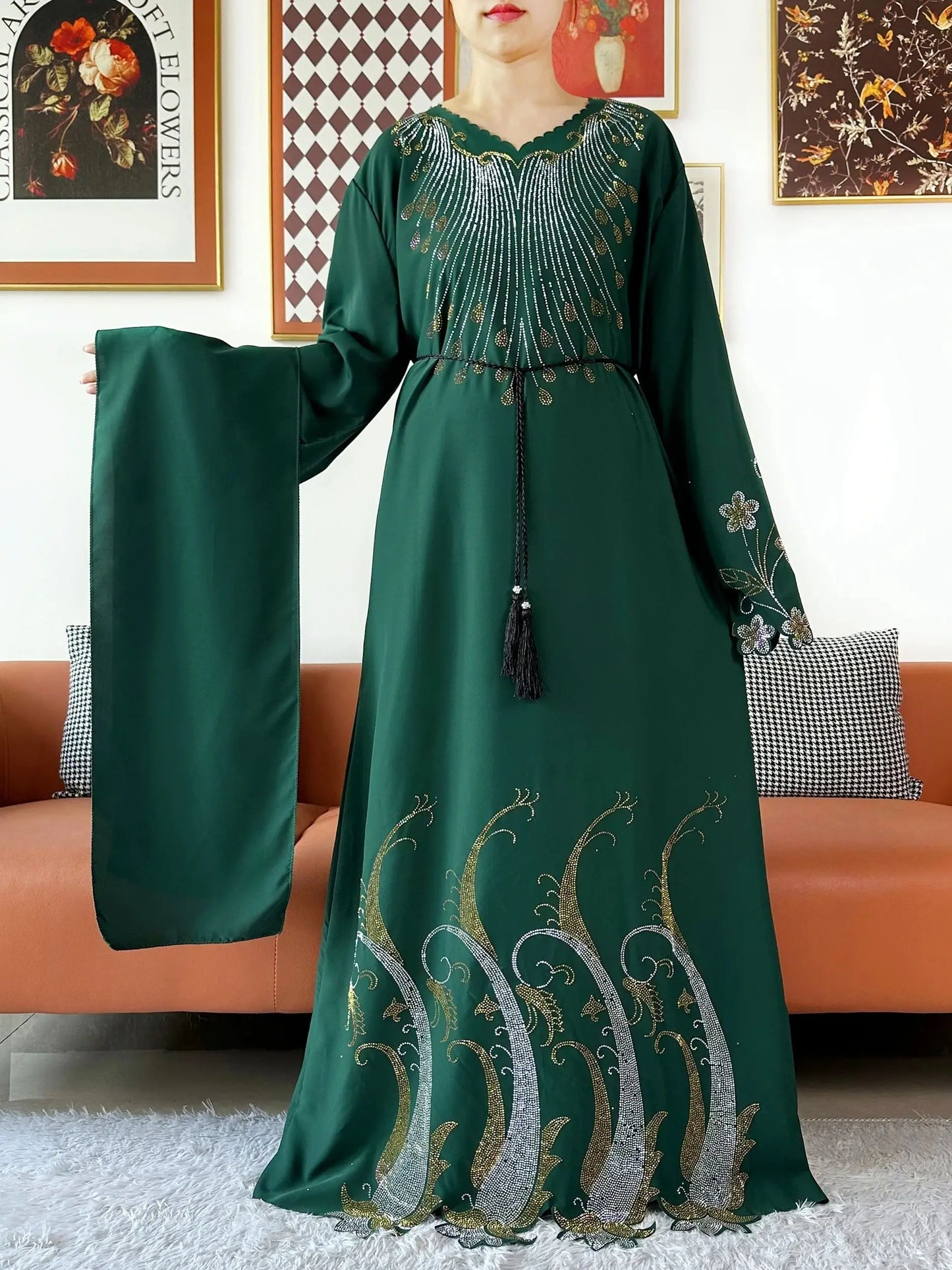 2025Fashion Dubai Diamond Muslim Women Modest Dress Elegant Arabic Femme Hijab Long Sleeve Chiffon Abaya Islamic Turkey Clothing