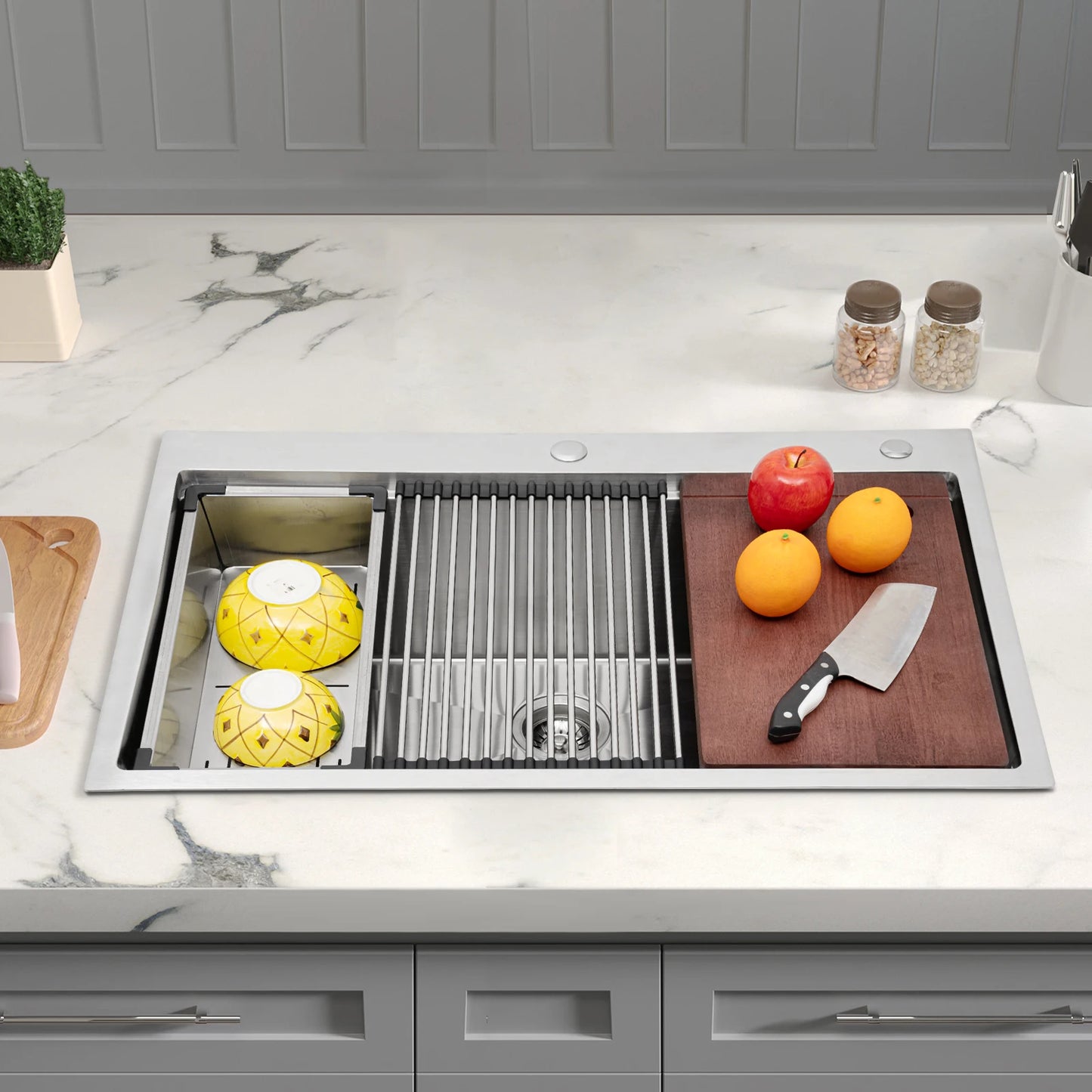 Stahlspüle, 304 Edelstahl, multifunktionale Küchenspüle, Drop-In-Spüle, 33 Zoll Drop-in-Küchenspüle, Workstation, Edelstahlspüle