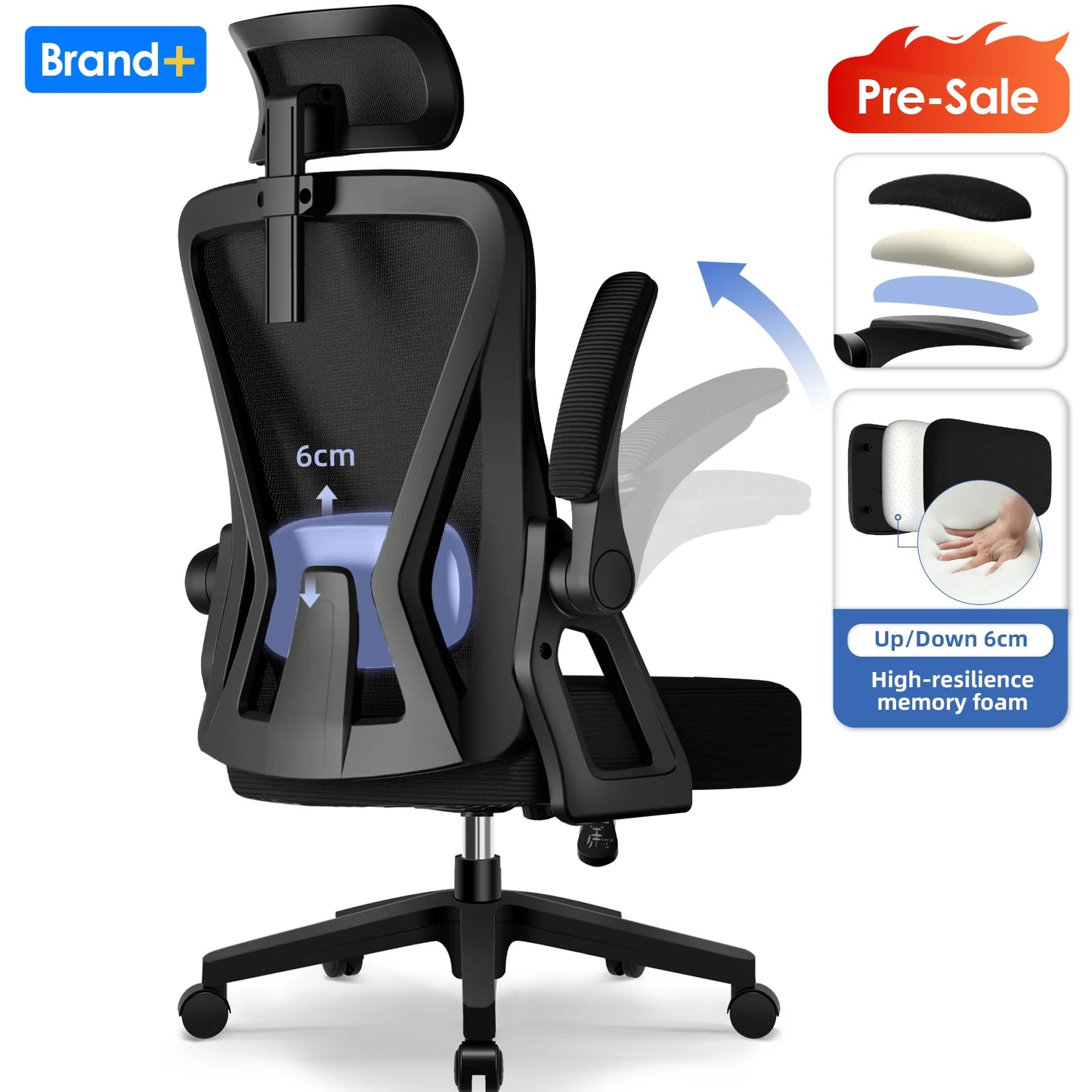 AUTHMIC Ergonomischer Bürostuhl – faltbare Armlehnen, verstellbare Rückenlehne, verstellbare Kopfstütze, verstellbare Lendenwirbelsäule, maximale Belastung 150 kg,