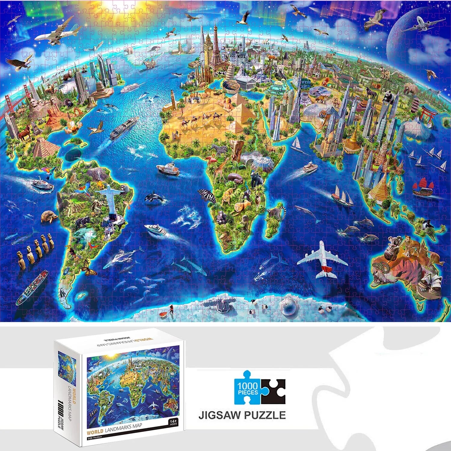1000 Pieces World Landmarks Map Jigsaw Puzzles for Adults Home Decor Games Family Fun Floor Puzzles Educational Toys for Kids.