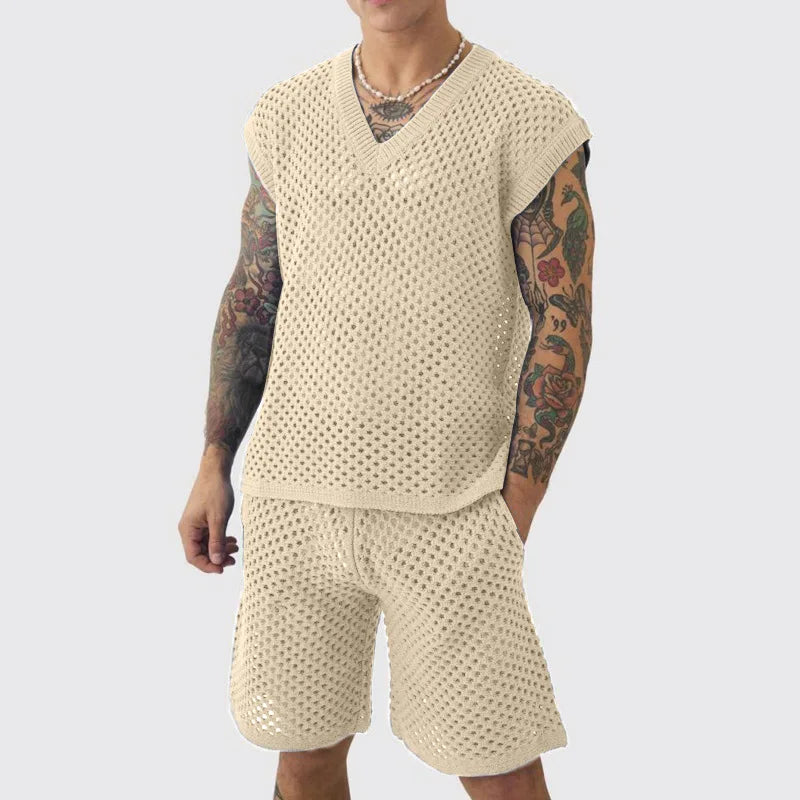 New Men's Summer Casual Knit V Neck Two-piece Sets Fashion Solid Loose Tank Tops and Shorts Sport Suit Men Hollow Out Streetwear.