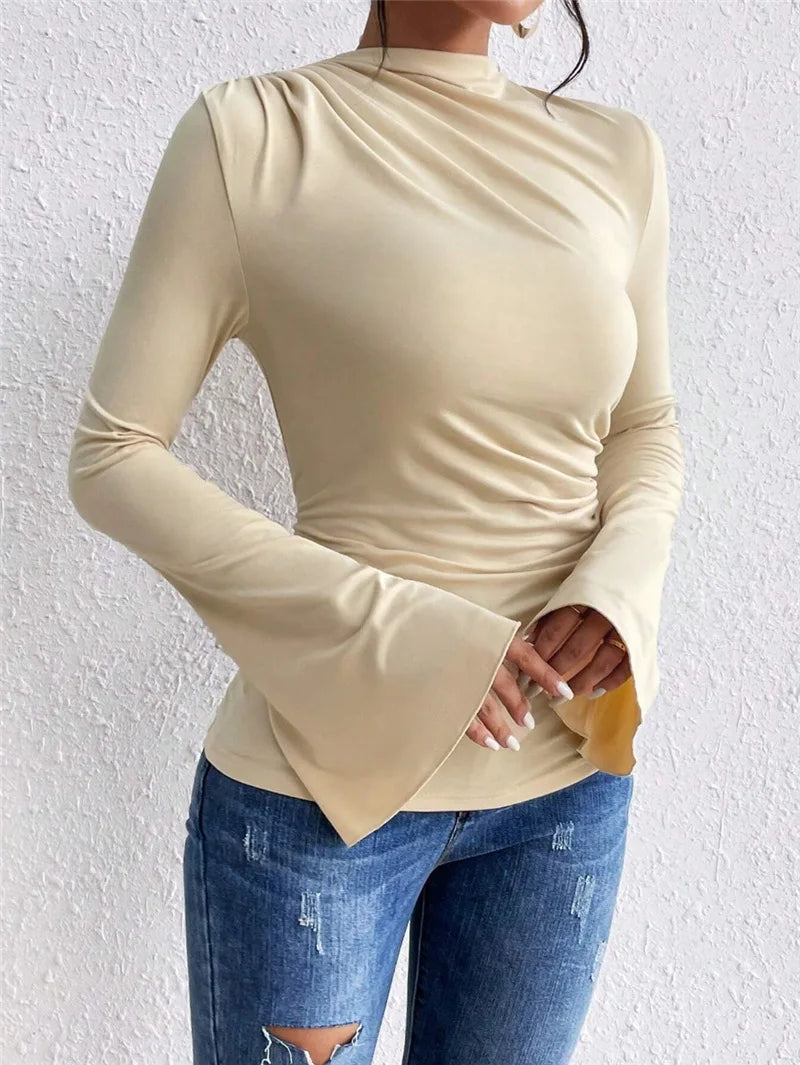 Fashion Pleated T-Shirt Women Solid Color Slim Shirt Autumn Flare Sleeve Stand Collar Pullover Tops Female Commuter Casual  Tees.