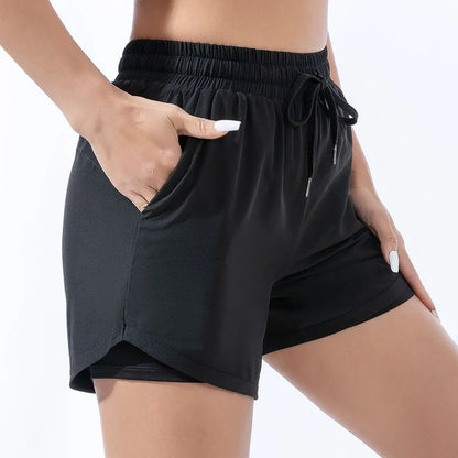 Loose sports shorts women's high-waisted double-layer anti-slip yoga fitness pants running fast dry training outside wearing hot.